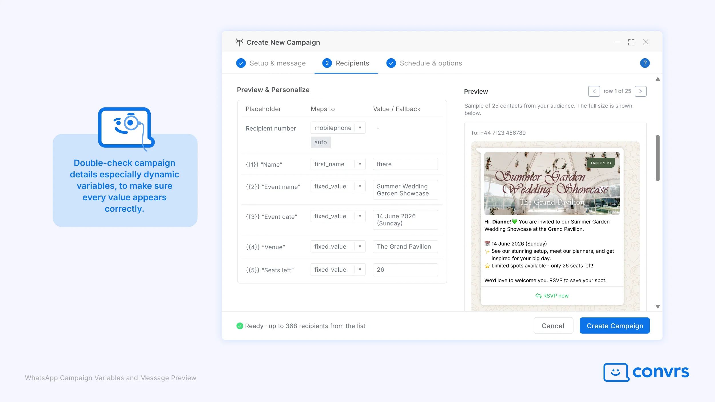 A WhatsApp campaign preview interface useful for checking dynamic message variables to ensure all information are                  correct.